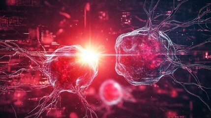 Fototapete - Microscopic view of two cells connecting, glowing red, digital background.