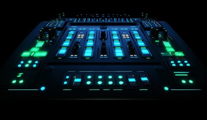 Leinwandbilder - Illuminated audio mixing console with faders and buttons in dark setting.
