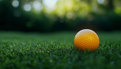 Wall Mural - Close-up of a single orange golf ball resting on a lush green grass putting green, with a blurred background of trees and sunlight.