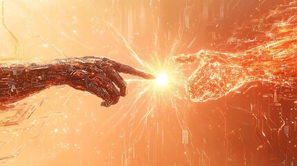 Aufkleber - Two robotic hands reaching towards each other, fingertips almost touching, creating a bright light in the center.