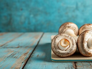 Wall Mural - Close-up of several halved mushrooms on a rustic blue wooden surface.