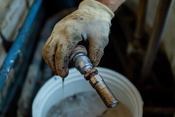 Aufkleber - Dirty gloved hand holds a wet, used, metallic part over a bucket.