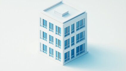 Poster - Minimalist 3D model of a white apartment building with blue windows against a white background.