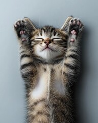 Wall Mural - A playful kitten stretches out, showcasing its adorable features and relaxed demeanor.