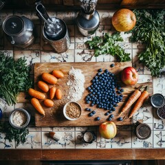 Sticker - Overhead shot of fresh ingredients on a wooden cutting board, including carrots, blueberries, apples, and flour, ready for cooking or baking.