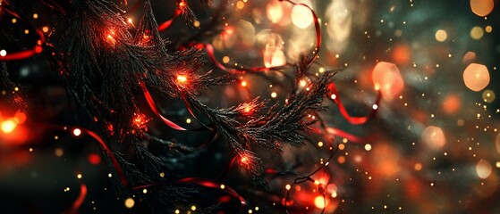 Poster - Dark branch with red lights and ribbons, bokeh background.