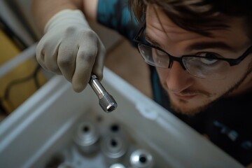 Aufkleber - A man in safety glasses and gloves examines a small metal part.