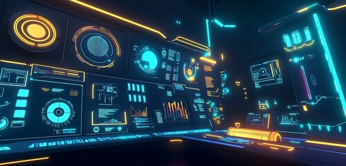 Fototapete - Futuristic digital interface with glowing neon displays showing data, graphs, and charts.