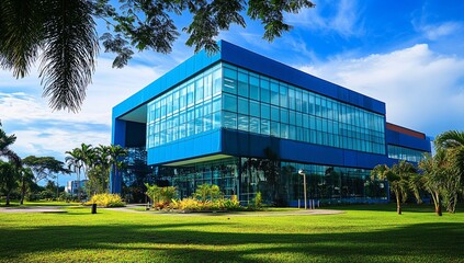Poster - Modern blue glass office building on a sunny day with green lawn and palm trees.