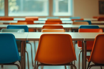 Poster - Colorful chairs and tables in an empty classroom near a window.