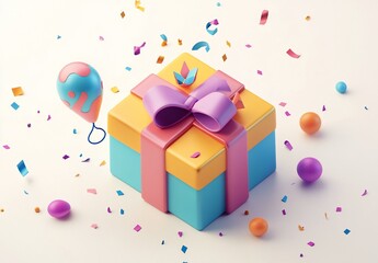 Poster - Festive gift box with ribbon, balloon, and confetti.