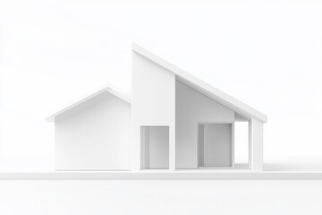 Poster - Minimalist white architectural model of a modern house with a sloped roof and simple design against a white background.