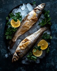 Poster - Two grilled fish on ice with lemon and parsley.