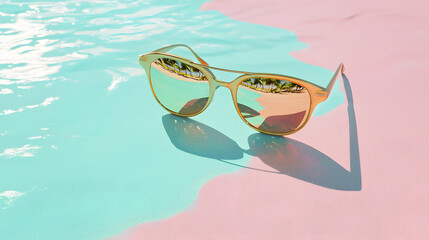 Wall Mural - Stylish sunglasses reflecting vibrant poolside scene on pink surface. Perfect for summer vibes and fashion statements