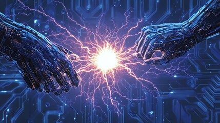 Leinwandbilder - Two robotic hands connect, energy sparks between them against a circuit board background.
