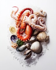 Poster - Fresh seafood arrangement octopus, lobster, clams, mussels, and lemon on ice.