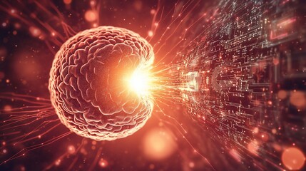 Aufkleber - Glowing brain sphere transferring data to a circuit board, representing AI and neural networks.