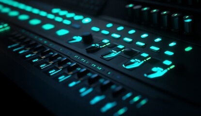 Poster - Close-up of a futuristic music synthesizer with glowing teal buttons and knobs.