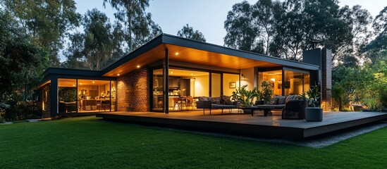 Poster - Modern house with large deck, illuminated at dusk, surrounded by lush greenery.