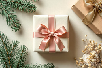 elegant cream gift box with blush pink ribbon festive decorations