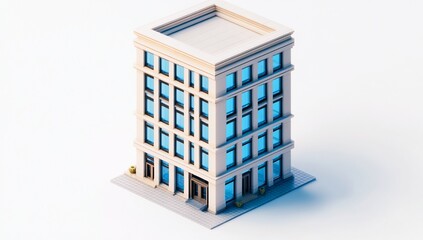 Poster - Low-poly 3D model of a modern office building with blue windows and beige facade.