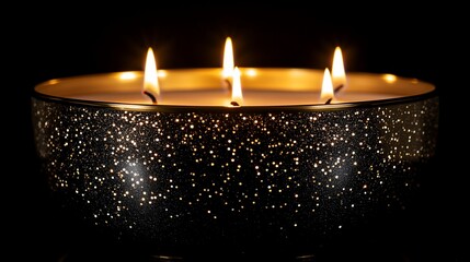 Poster - Glittery black candle with five burning wicks in a dark setting.