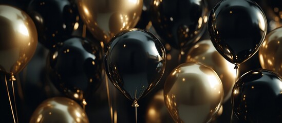 Fototapete - Shiny black and gold balloons floating.