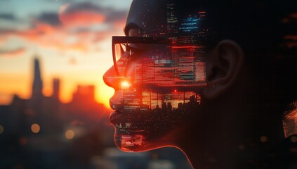 Aufkleber - Silhouette of a person with glasses, digital code overlayed on their face, against a city sunset.