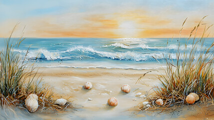 Wall Mural - breezy coastal scene with gentle waves, seashells, and soft grasses under warm sunset. tranquil atmosphere evokes sense of peace and relaxation