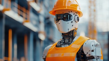 Wall Mural - Robotic construction worker in orange hard hat and high-visibility vest on site background