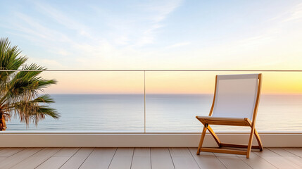 Sticker - peaceful sunset view from balcony with wooden chair and palm tree