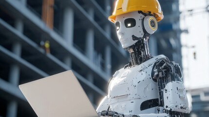 Robotic construction worker in safety gear using a laptop on-site, showcasing modern technology integration in construction