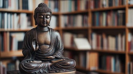 Wall Mural - Serene Buddha Statue in Tranquil Library Setting Explores Spiritual Wisdom and Mindfulness Through Study and Contemplation