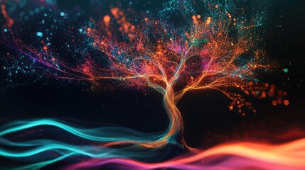 A glowing abstract tree with vibrant branches, representing growth and creative business ideas.