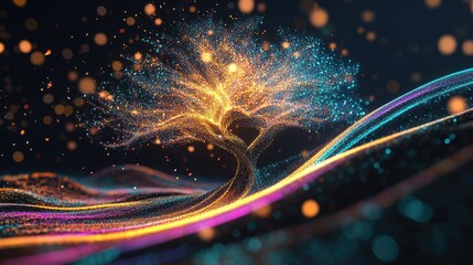 A glowing abstract tree with vibrant branches, representing growth and creative business ideas.
