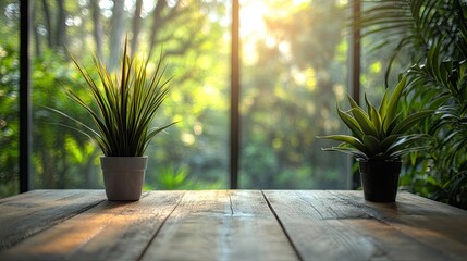 Poster - Modern business office open space with wooden table, bokeh background