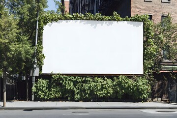 Wall Mural - Blank billboard mockup surrounded by greenery on city street.