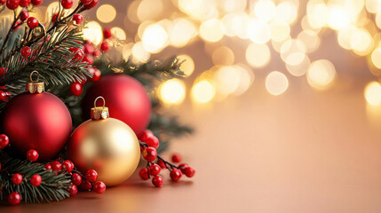 Aufkleber - Bright and festive Christmas decorations featuring red and gold ornaments, pine branches, and berries create warm holiday atmosphere
