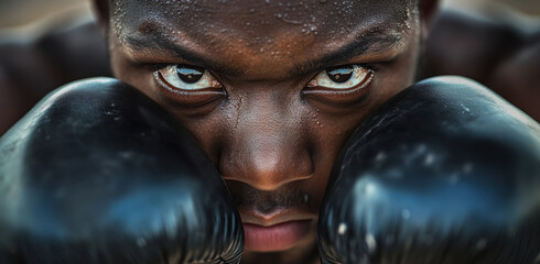 A young boxer concentrates deeply in training, sweat glistening on his face as he holds his gloves up, preparing for an upcoming fight with fierce intensity and focus.