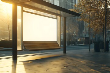 Wall Mural - Blank billboard at modern bus stop, sunrise.