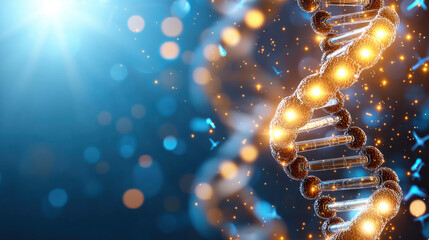 Poster - close up of DNA double helix structure illuminated with glowing lights, symbolizing genetic research and scientific discovery. vibrant background enhances futuristic feel