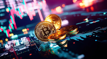 Leinwandbilder - Cryptocurrency coins on digital trading chart, showcasing market trends and fluctuations. vibrant colors and intricate details highlight dynamic nature of digital finance