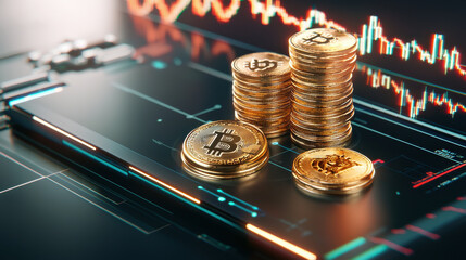 Aufkleber - cryptocurrency trading guidebook with gold coins and charts. This showcases digital currency, trading platforms, and market analysis, reflecting modern financial landscape