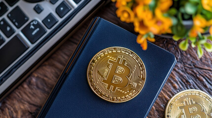 Aufkleber - cryptocurrency trading guidebook with Bitcoin coin on desk, surrounded by laptop and plant, symbolizes digital finance world