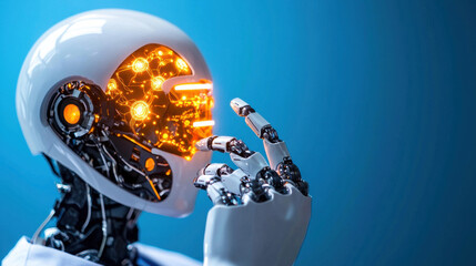 Aufkleber - futuristic robot with glowing, circuit like face is deep in thought, symbolizing advanced technology and artificial intelligence. This captures essence of innovation and robotics