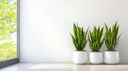 Aufkleber - Minimalist living room featuring potted snake plants in white pots, creating serene atmosphere with natural light. greenery adds refreshing touch to space