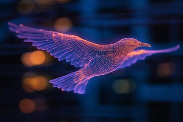 Wall Mural - A bird in flight, its wings dissolving into streaks of glowing yellows and purples