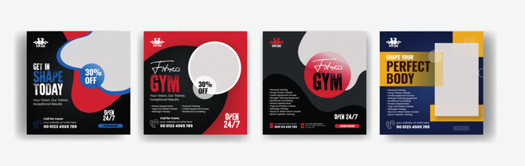 Wall Mural - Editable Gym and Fitness social media post banner set, Sport and personal trainer ads, post bundle and 
Promotional advertising  collections with black and red background