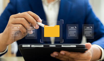 Fototapete - Document management system (DMS) for business, Secure online folder and file sharing with virtual cloud access, Efficient team communication, and Data security, Online database ,Cloud storage