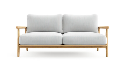 A white and blue striped sofa with wooden legs on transparent background